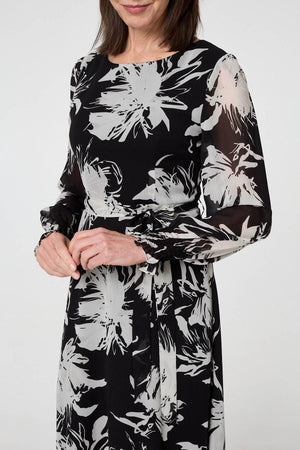 Black | Floral Tie Waist Layered Maxi Dress
