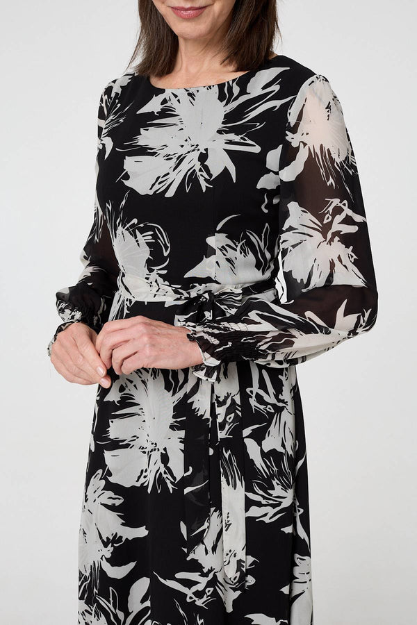 Black | Floral Tie Waist Layered Maxi Dress
