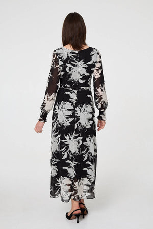 Black | Floral Tie Waist Layered Maxi Dress
