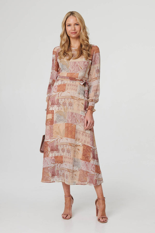 Rust | Patchwork Tie Long Sleeve Maxi Dress

