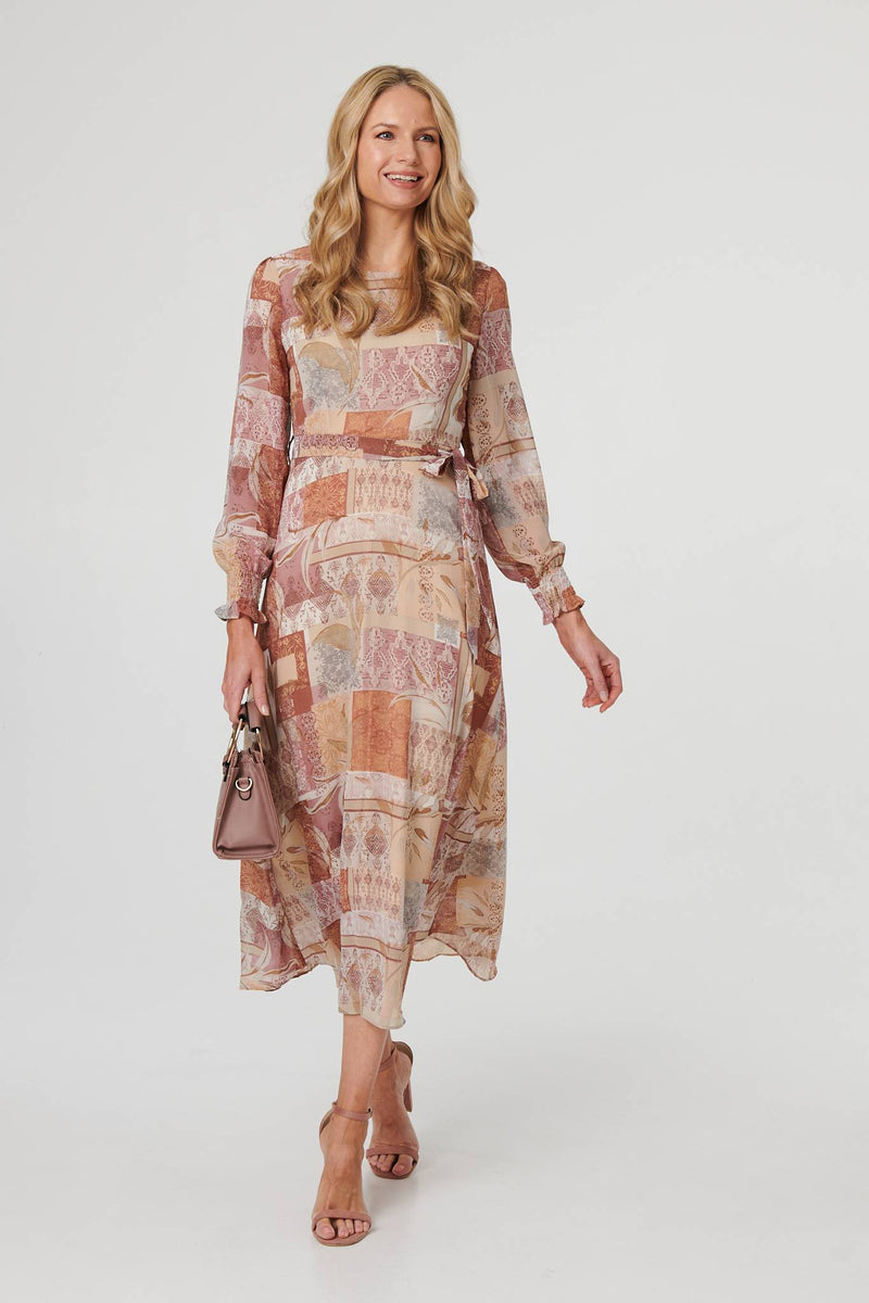 Patchwork Tie Long Sleeve Maxi Dress