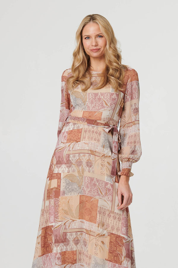 Rust | Patchwork Tie Long Sleeve Maxi Dress
