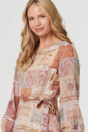 Rust | Patchwork Tie Long Sleeve Maxi Dress
