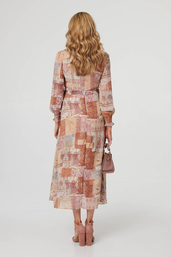 Rust | Patchwork Tie Long Sleeve Maxi Dress
