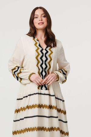 Brown | Zigzag Print Long Sleeve Maxi Dress