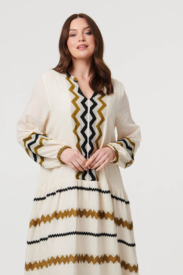 Brown | Zigzag Print Long Sleeve Maxi Dress