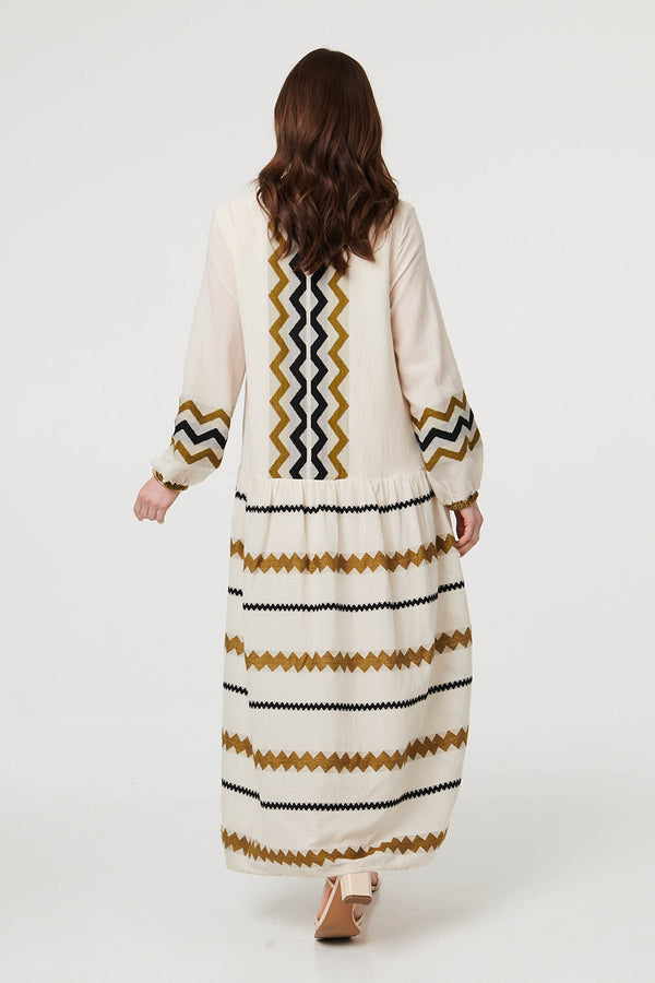 Brown | Zigzag Print Long Sleeve Maxi Dress