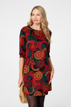 Orange | Printed 3/4 Sleeve Short Dress
