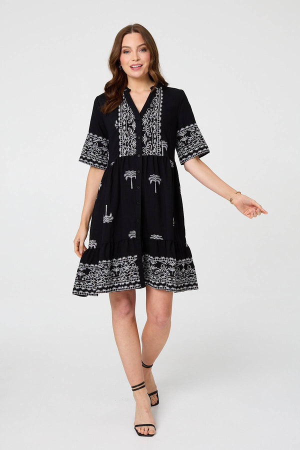 Black | Border Print 1/2 Sleeve Short Dress