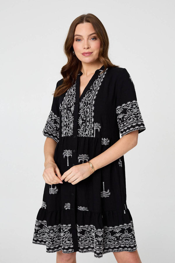 Black | Border Print 1/2 Sleeve Short Dress