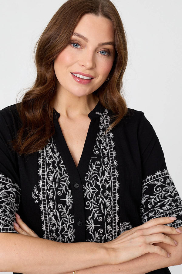 Black | Border Print 1/2 Sleeve Short Dress
