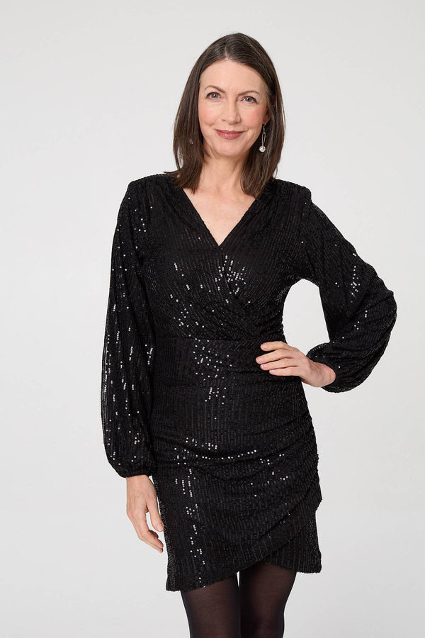 Black | Sequinned Long Sleeve Short Wrap Dress
