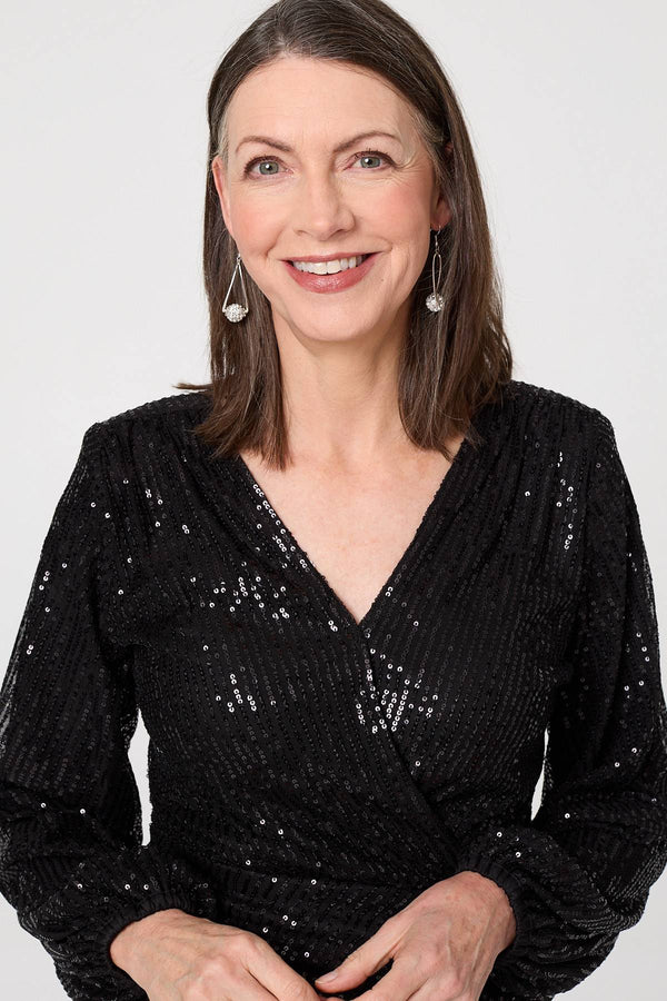 Black | Sequinned Long Sleeve Short Wrap Dress
