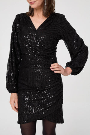 Black | Sequinned Long Sleeve Short Wrap Dress
