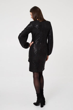 Black | Sequinned Long Sleeve Short Wrap Dress
