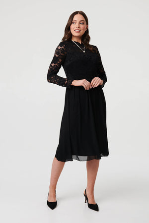 Black | Lace Semi Sheer Layer Knee Length Dress
