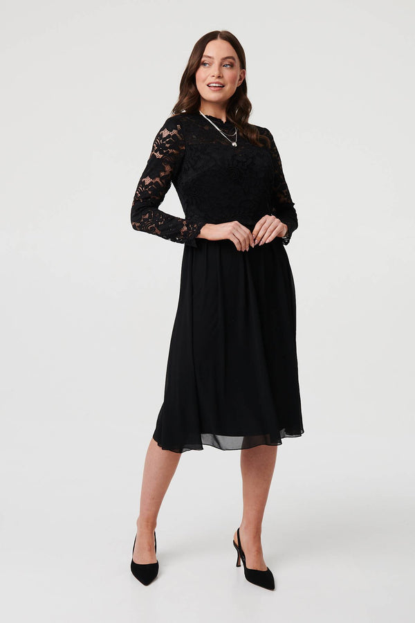 Black | Lace Semi Sheer Layer Knee Length Dress
