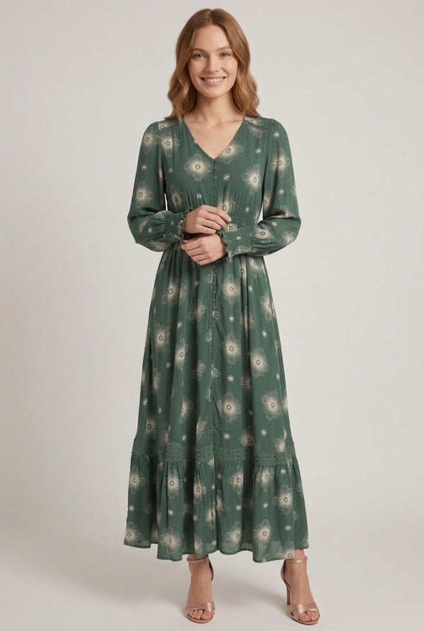 Green | Printed Relaxed Long Sleeve Maxi Dress