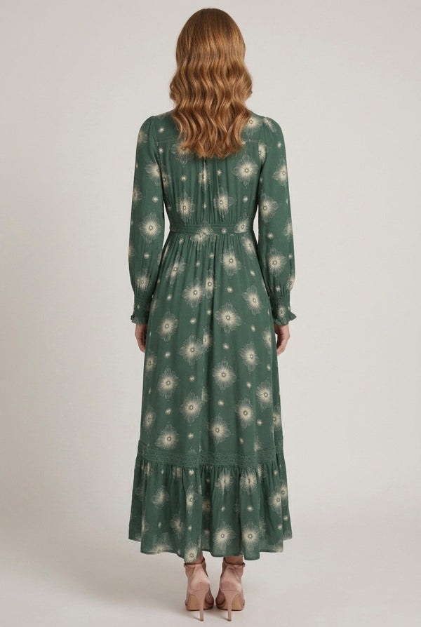 Green | Printed Relaxed Long Sleeve Maxi Dress