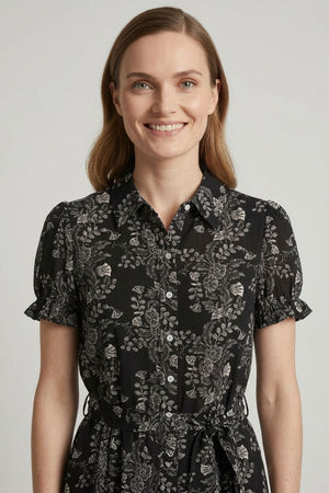Black | Floral Short Sleeve Tie Shirt Midi Dress