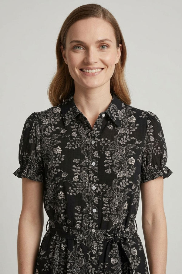 Black | Floral Short Sleeve Tie Shirt Midi Dress