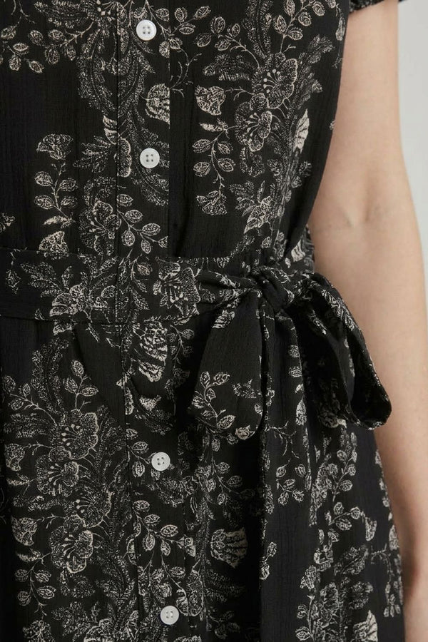 Black | Floral Short Sleeve Tie Shirt Midi Dress