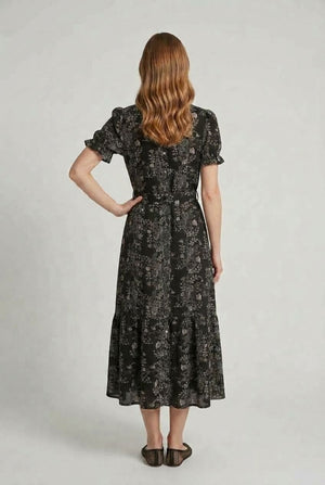 Black | Floral Short Sleeve Tie Shirt Midi Dress