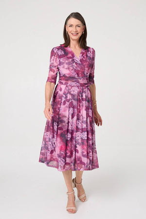 Pink | Floral Mesh Texture Pleated Midi Dress
