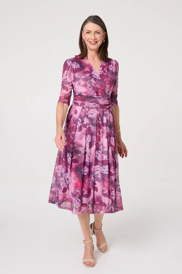 Pink | Floral Mesh Texture Pleated Midi Dress