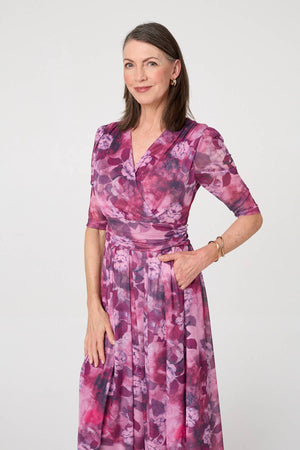 Pink | Floral Mesh Texture Pleated Midi Dress
