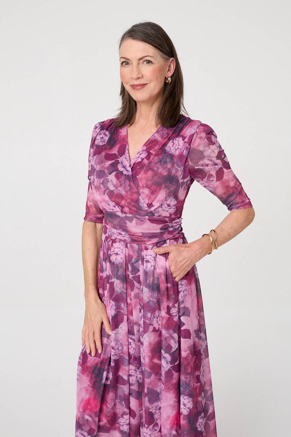 Pink | Floral Mesh Texture Pleated Midi Dress