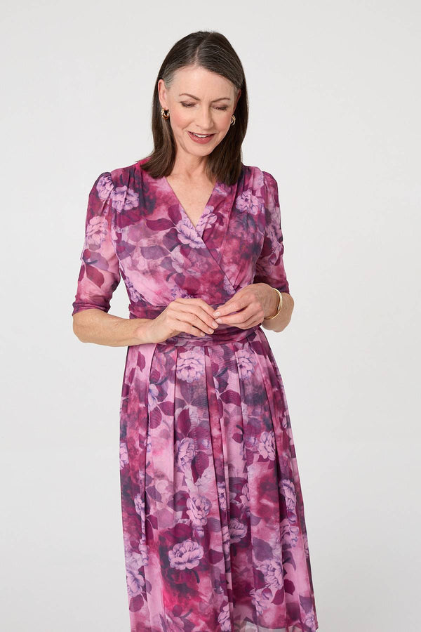 Pink | Floral Mesh Texture Pleated Midi Dress