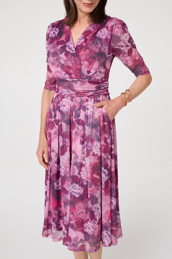 Pink | Floral Mesh Texture Pleated Midi Dress