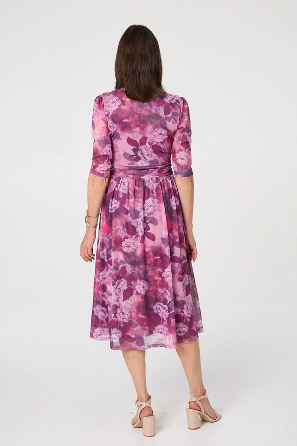 Pink | Floral Mesh Texture Pleated Midi Dress