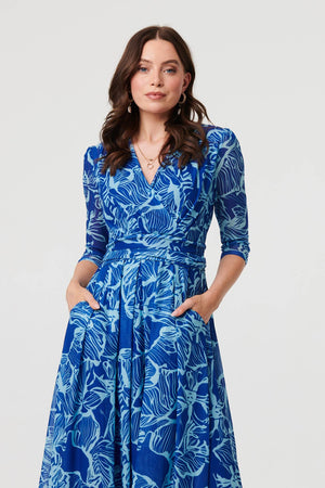 Blue | Leaf Print Mesh Layer Midi Wrap Dress