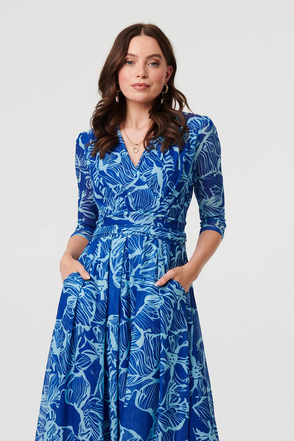 Blue | Leaf Print Mesh Layer Midi Wrap Dress