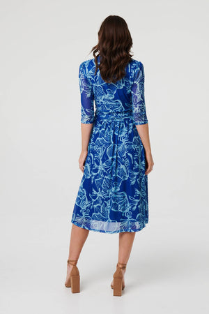 Blue | Leaf Print Mesh Layer Midi Wrap Dress