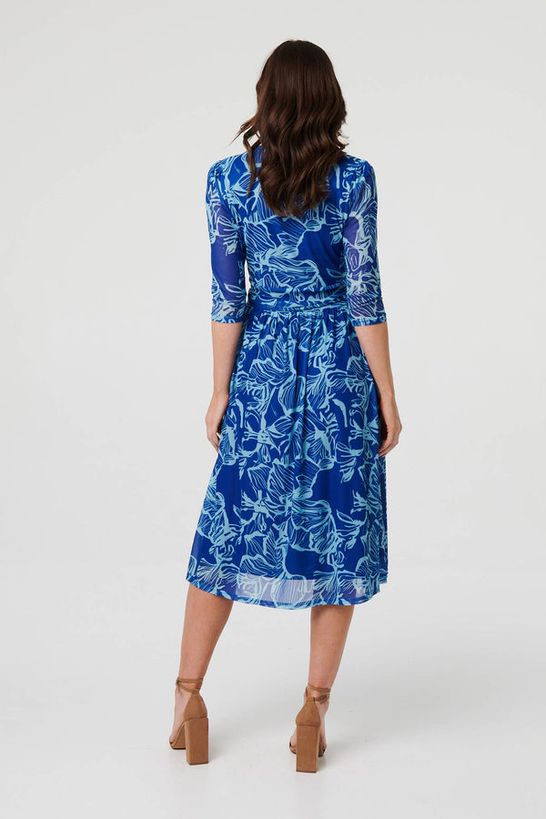 Blue | Leaf Print Mesh Layer Midi Wrap Dress