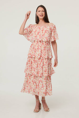Pink | Floral Texture Tiered Midi Dress