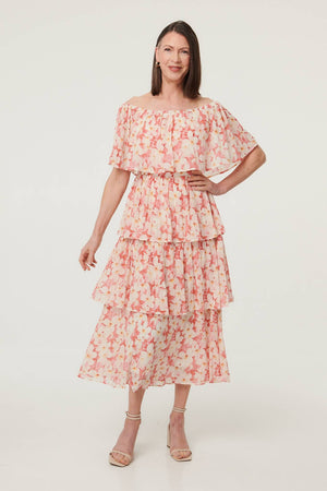 Pink | Floral Texture Tiered Midi Dress