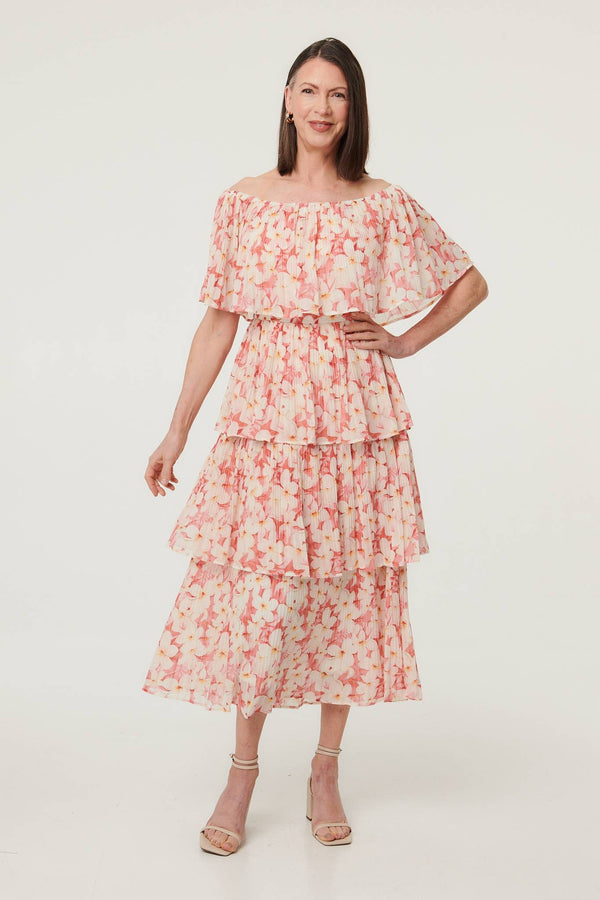Pink | Floral Texture Tiered Midi Dress