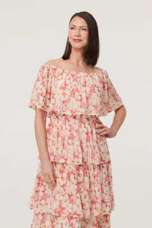Pink | Floral Texture Tiered Midi Dress