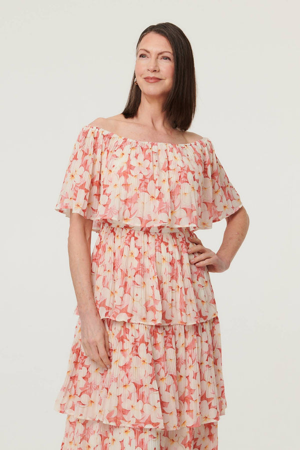 Pink | Floral Texture Tiered Midi Dress