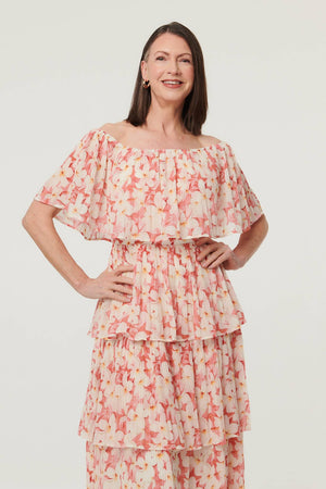 Pink | Floral Texture Tiered Midi Dress