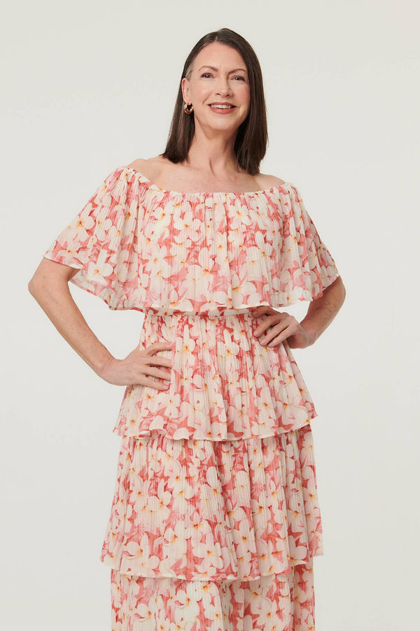 Pink | Floral Texture Tiered Midi Dress