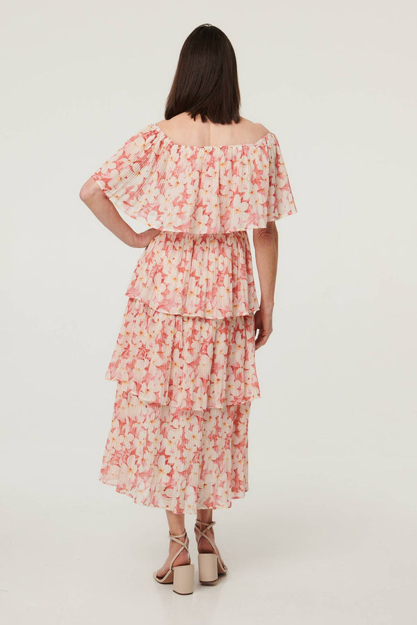 Pink | Floral Texture Tiered Midi Dress