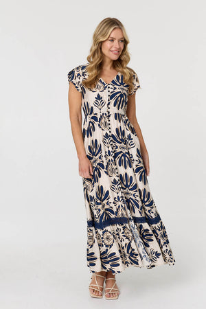 Navy | Printed Lace Trim Cap Sleeved Maxi Dress