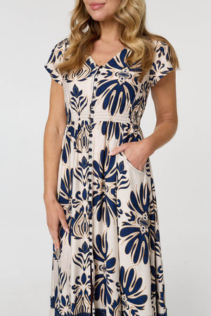 Navy | Printed Lace Trim Cap Sleeved Maxi Dress