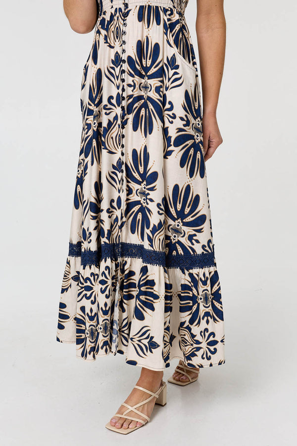 Navy | Printed Lace Trim Cap Sleeved Maxi Dress