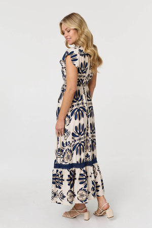 Navy | Printed Lace Trim Cap Sleeved Maxi Dress
